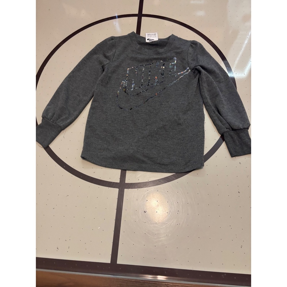 Nike Kids Charcoal Grey Holographic Logo Long Sleeve Graphic Tee Shirt Size 5